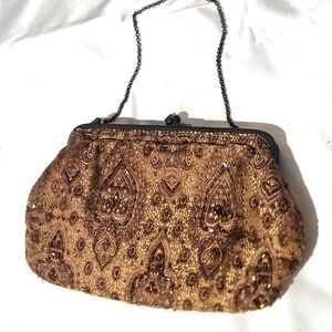 Moyna Brown Sequined Brocade Clutch with Metal Frame